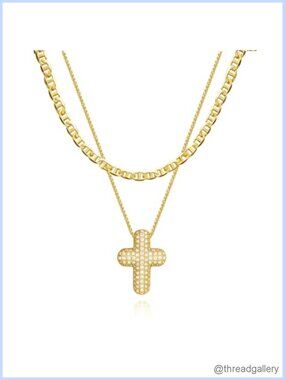 14k Gold Plated Cross Necklace Set, CZ Bubble Pendant, Mariner Chain, Dainty